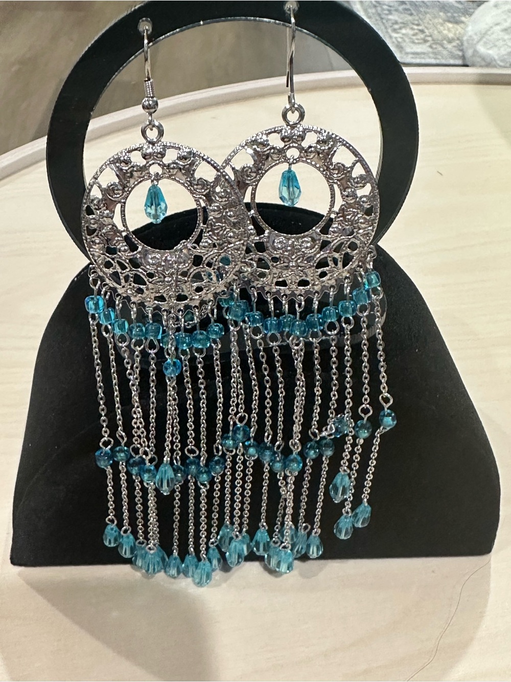 Boho Silver-Tone and Blue Chandelier Earrings
